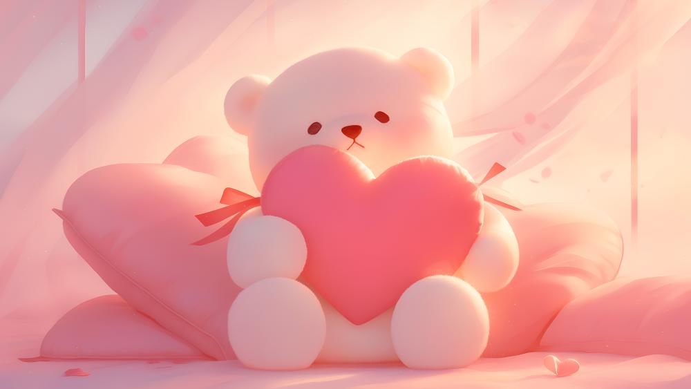 Cute Teddy Bear with Heart in Dreamy Pink Fantasy Scene wallpaper