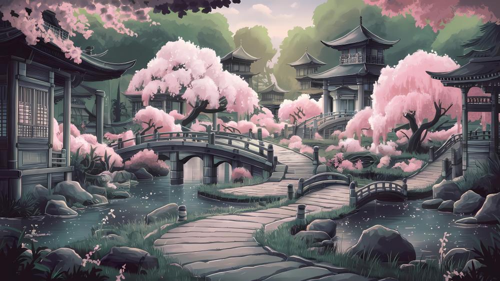 Cherry Blossom Fantasy Oasis in Japanese Art wallpaper
