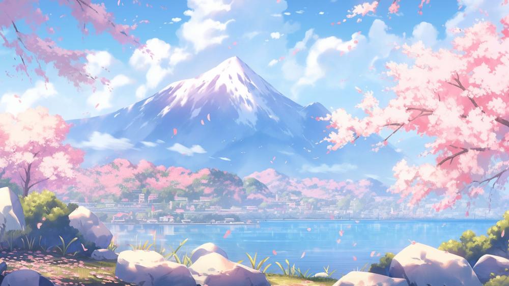 Anime Spring Bliss by the Lake in Sakura Bloom wallpaper