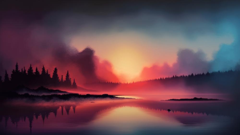 Evening Glow over Misty Lake Scenery wallpaper