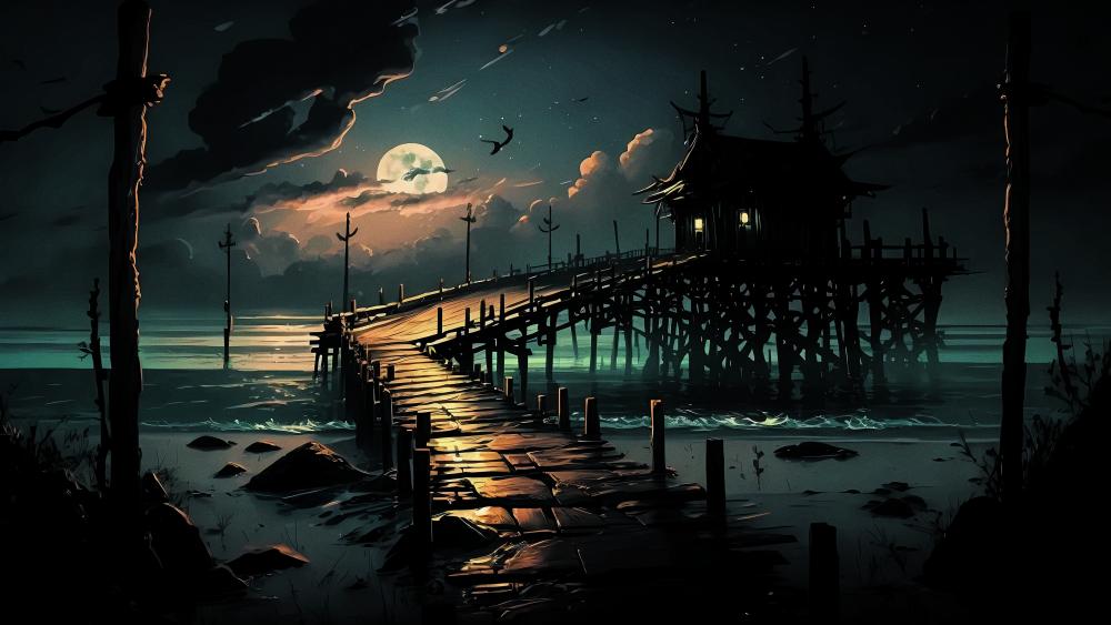 Weird haunted pier at moonlit midnight wallpaper