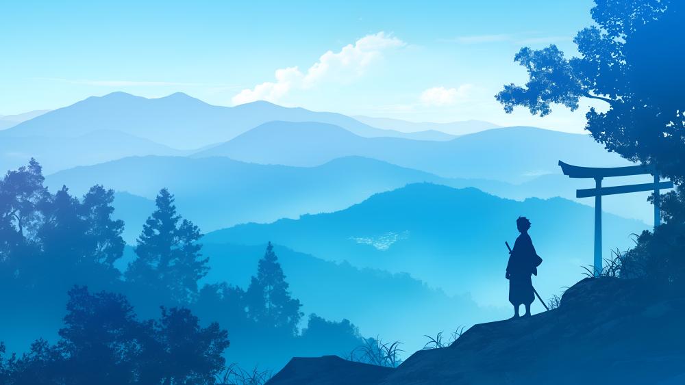 Samurai's Evening: A Serene Silhouette Scene wallpaper