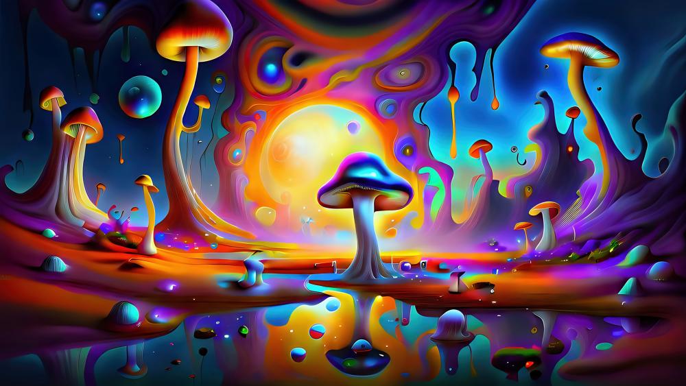 Mystical Mushroomland Dreamscape in Vibrant Hues wallpaper