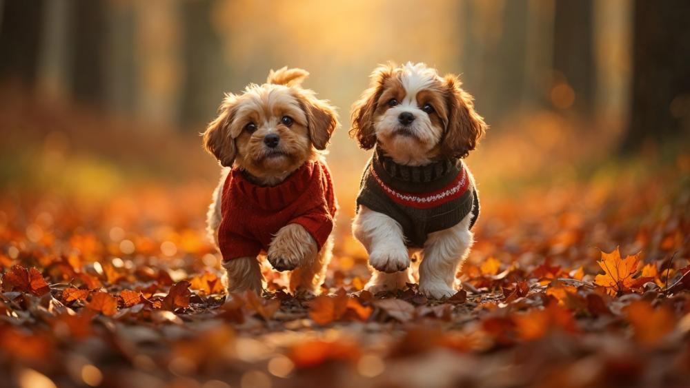 Autumn Stroll with Fashionable Pups wallpaper