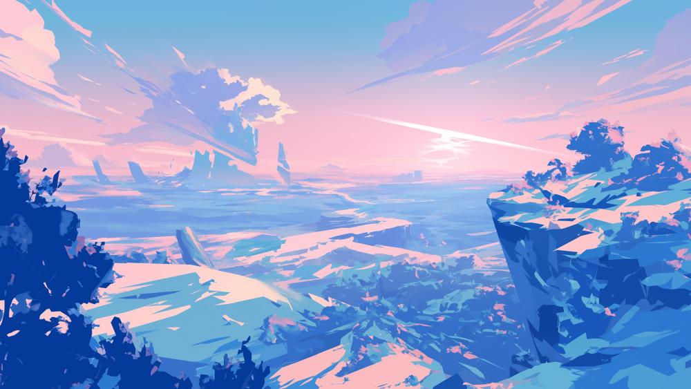 Pink Sunset Over Anime Mountains Landscape wallpaper