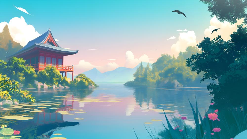 Lakeside Serenity in Anime Style wallpaper