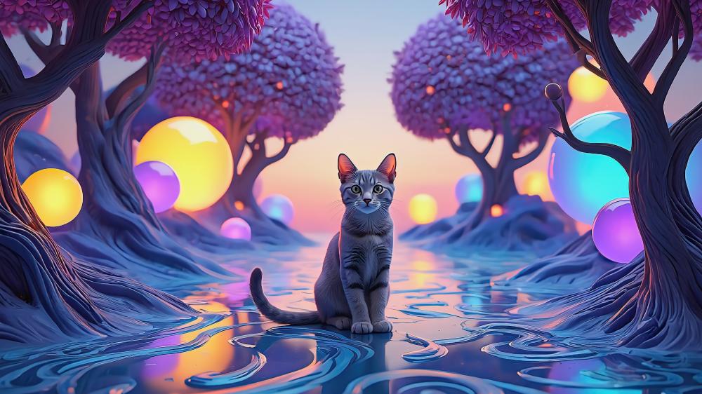 Fantasy Cat Realm in Mystical Woods wallpaper