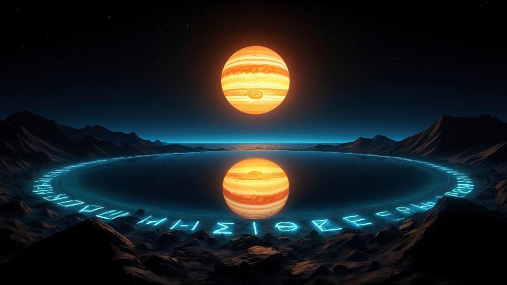 Fantastical Nightscape Planet Reflection Rune Circle wallpaper