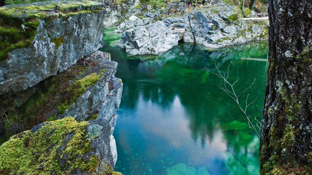Serene Cliffside Reflections: A Tranquil Lake View wallpaper