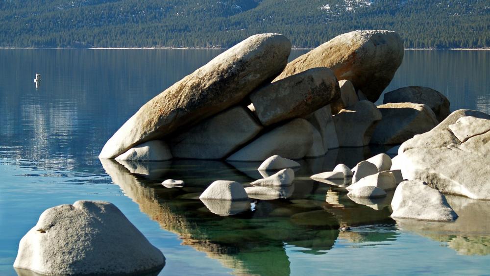 Boulders at the Tranquil Lakeside wallpaper