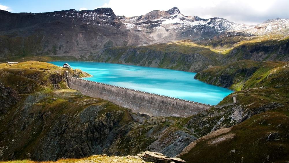 Mountain Lake and Dam Serenity wallpaper