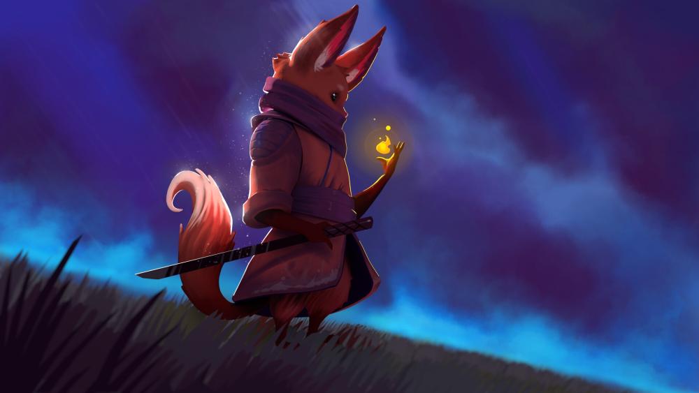 Samurai Fox in a Mystical Night Setting wallpaper