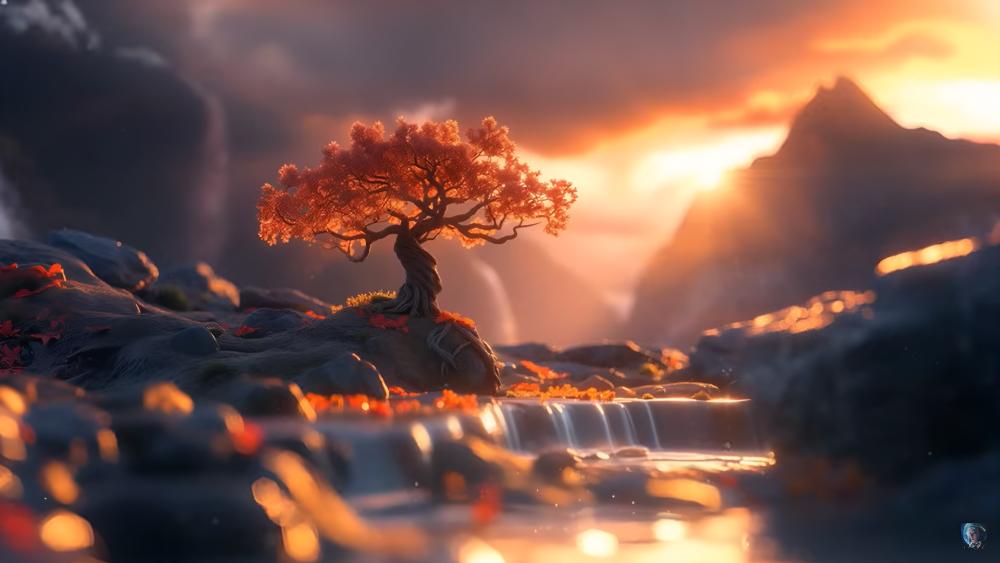 Serene Sunset in a Fantasy Zen Garden wallpaper