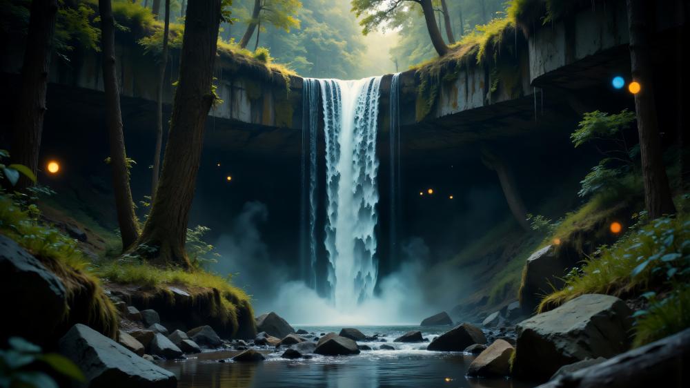 Waterfall Harmony in a Mystical Forest wallpaper