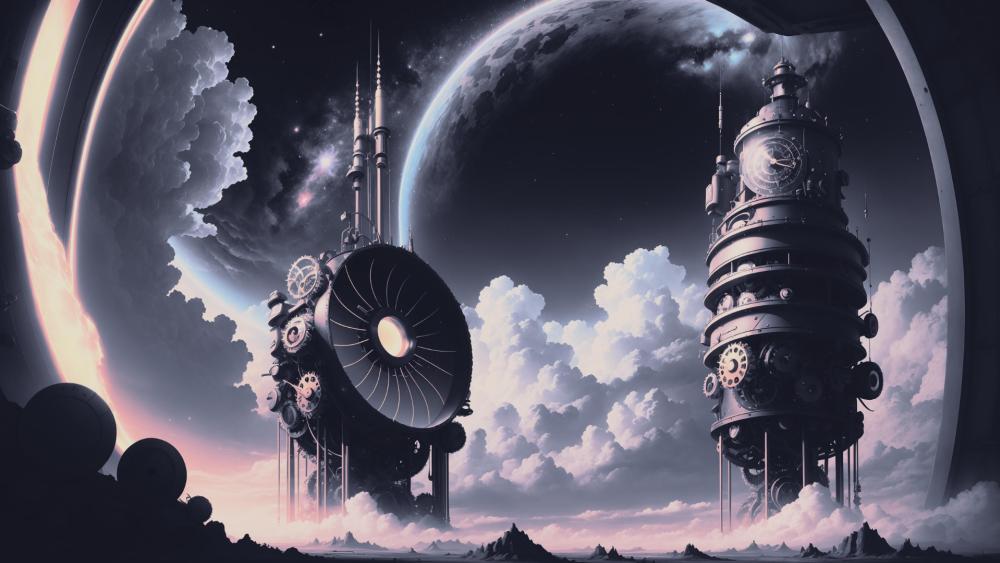 Steampunk Skies Over a Futuristic Realm wallpaper