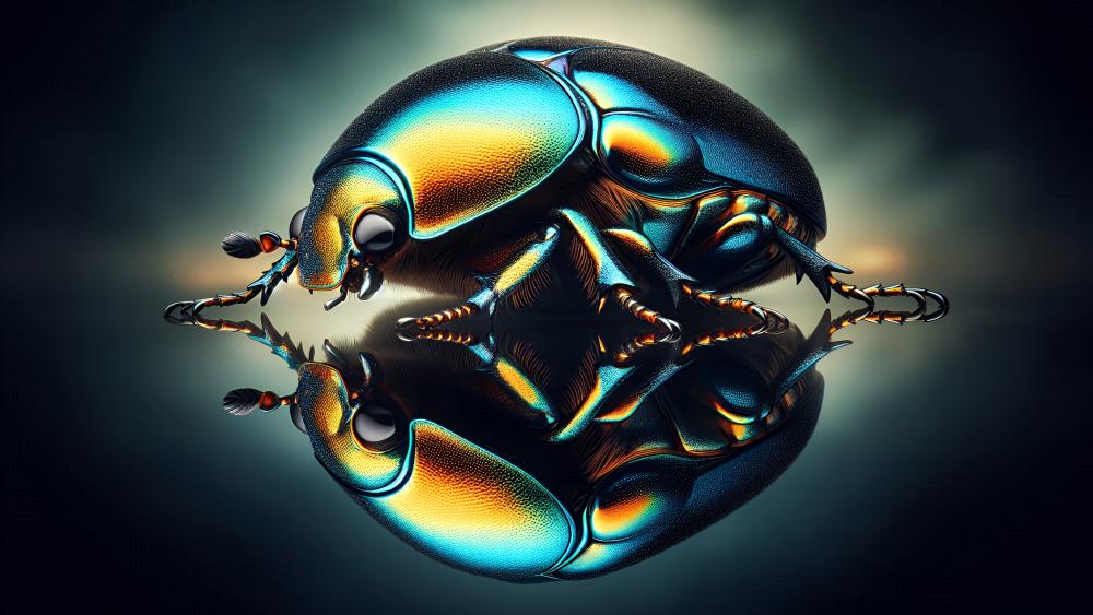 A beetle with metallic colours on a reflective surface wallpaper