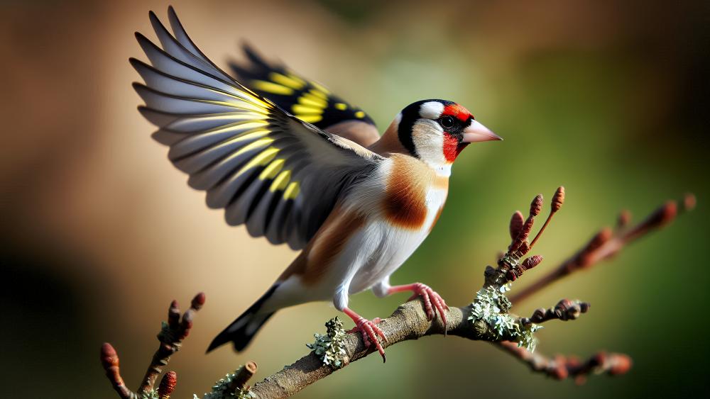 A Goldfinch on a tree branch about to fly off  wallpaper