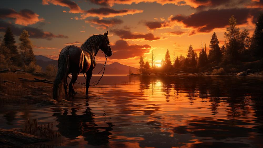Horse at Sunset by the River wallpaper