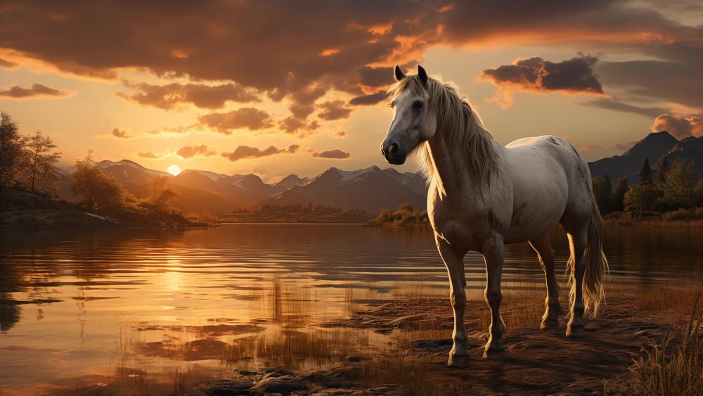 Majestic Mustang at Sunset by Riverbank wallpaper