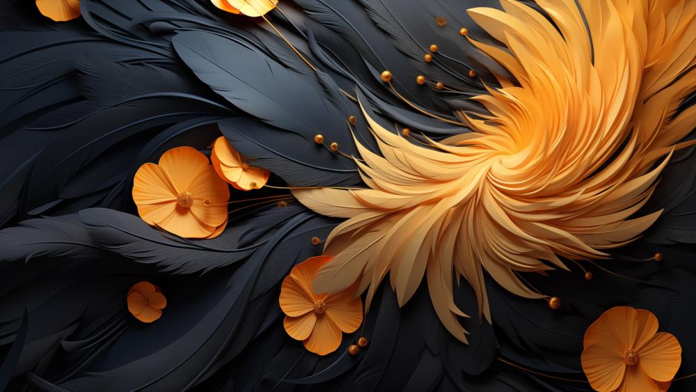 Abstract Floral Swirl in Black and Yellow wallpaper