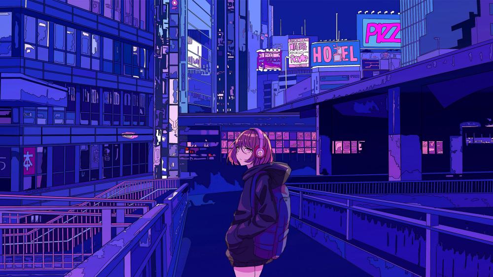 Anime Dreamscape in Blue City Glow wallpaper