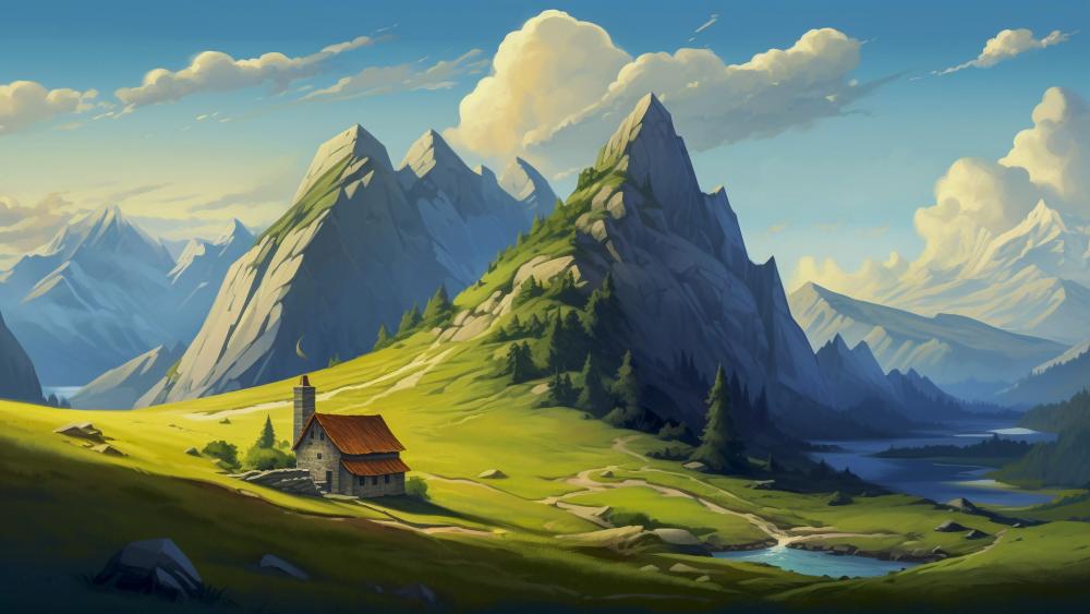 Majestic Chapel in Serene Mountain Landscape wallpaper
