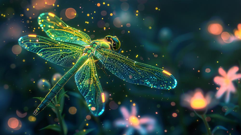 Bright Enchantment A Neon Dragonfly Fantasy Scene wallpaper