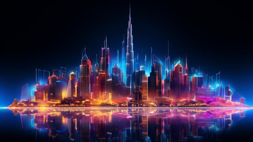 Panoramic Neon Skyline of Dubai Metropolis wallpaper