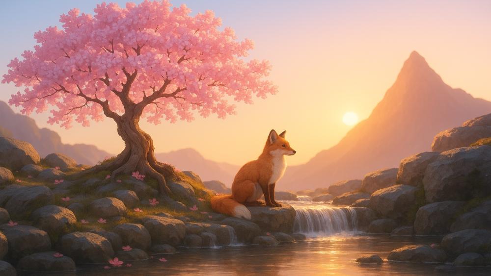 Sakura Serenity with Fox in Anime Art wallpaper