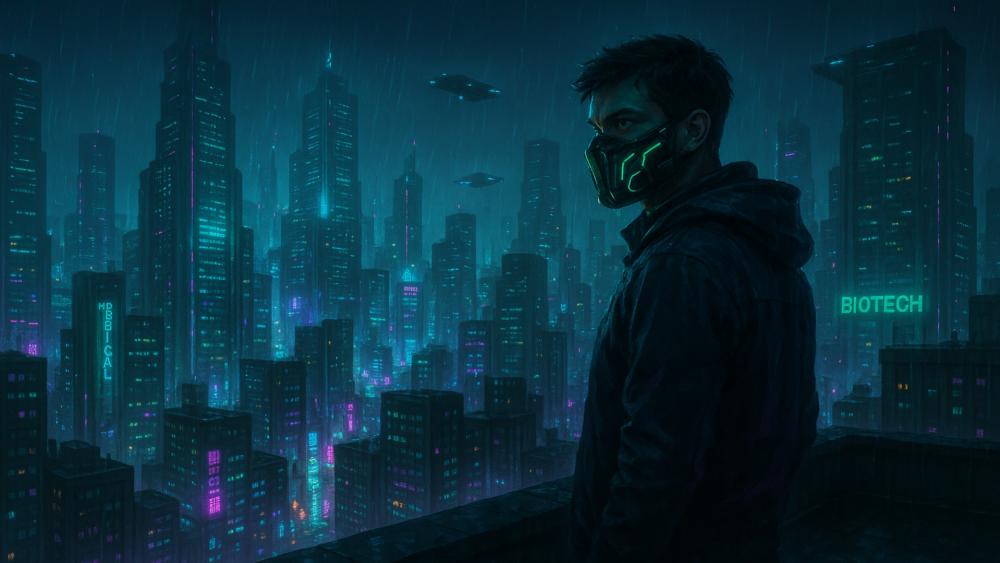 Futuristic Vigilance in a Neon Metropolis wallpaper