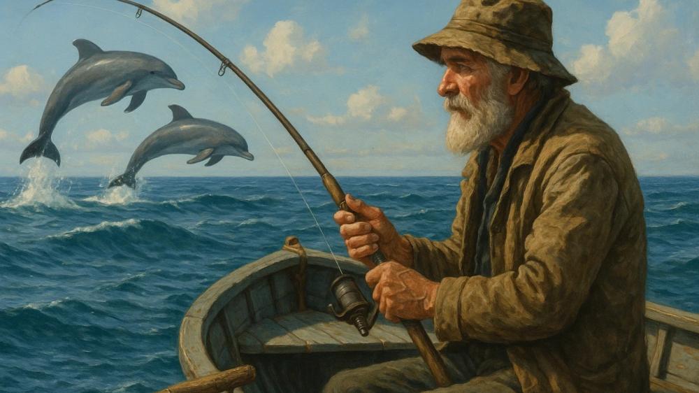 Fisherman's Dream Journey with Dolphins wallpaper