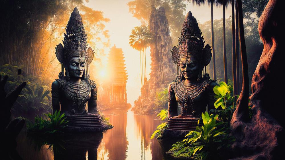 Sculptures of Serenity in Enchanted Forest Temple wallpaper