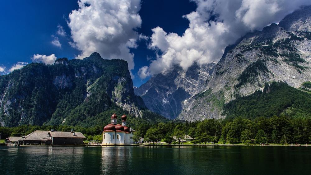 Stunning View of St Bartholomew's by Königssee Lake wallpaper