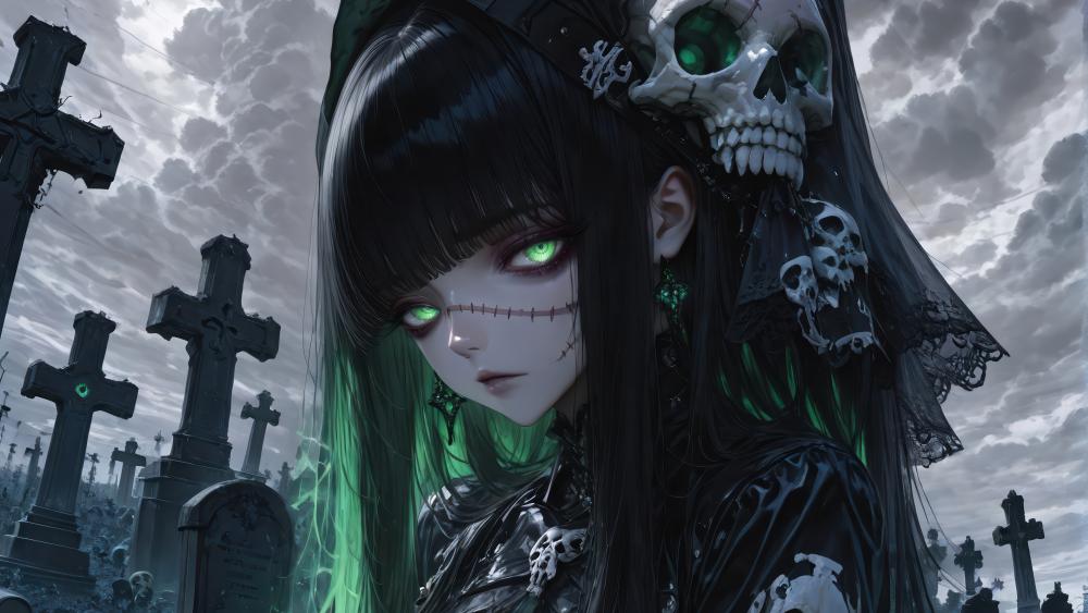 Gothic Enigma in a Haunting Graveyard Scene wallpaper
