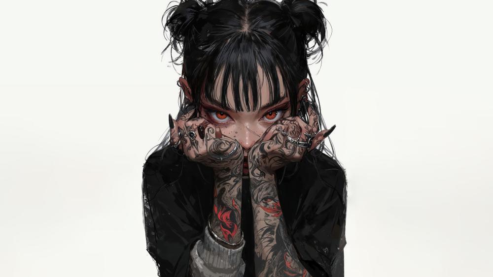 Tattooed Anime Girl with Black Hair and Bangs wallpaper