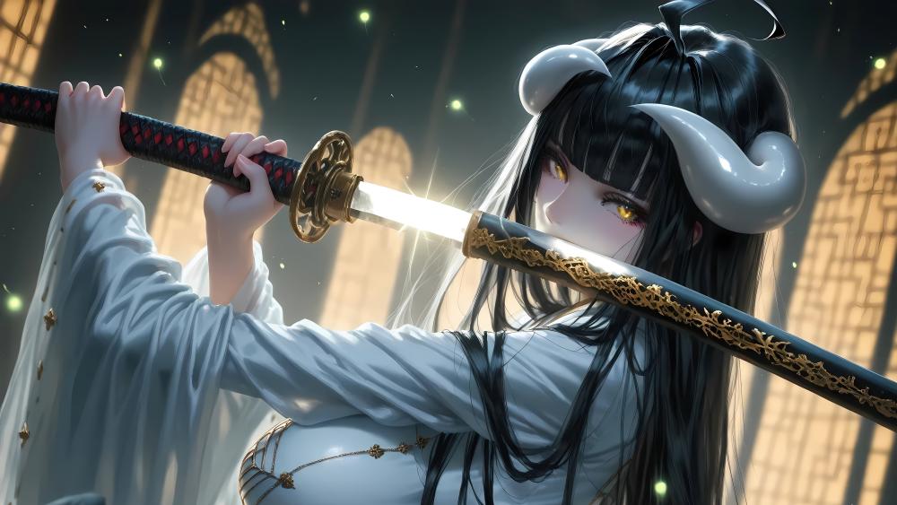 Horned Samurai Wields Enchanted Katana wallpaper