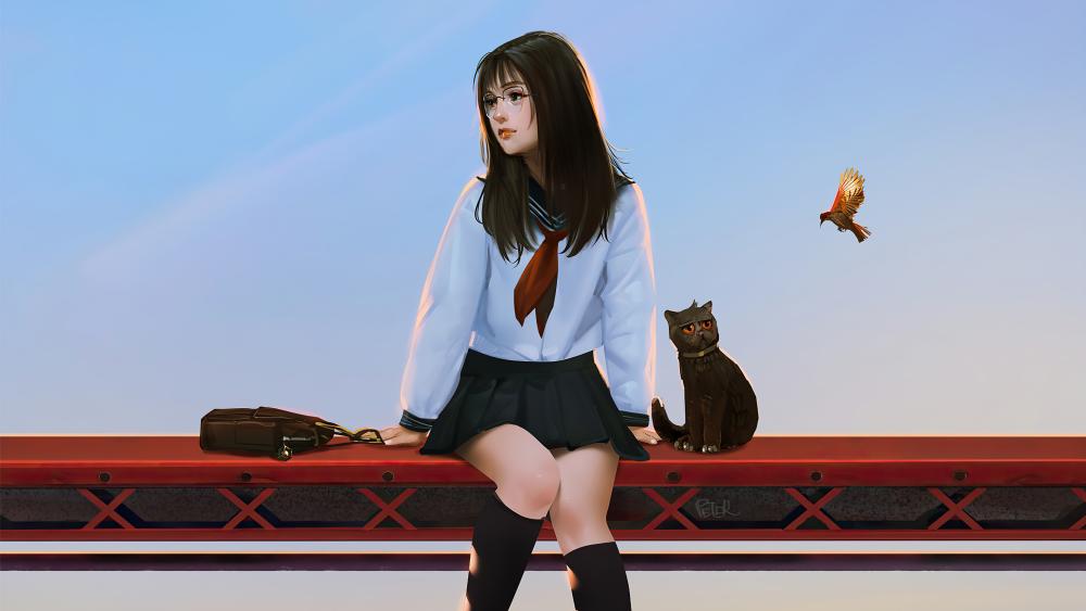 Anime Schoolgirl with Cat and Bird in Tranquil Setting wallpaper