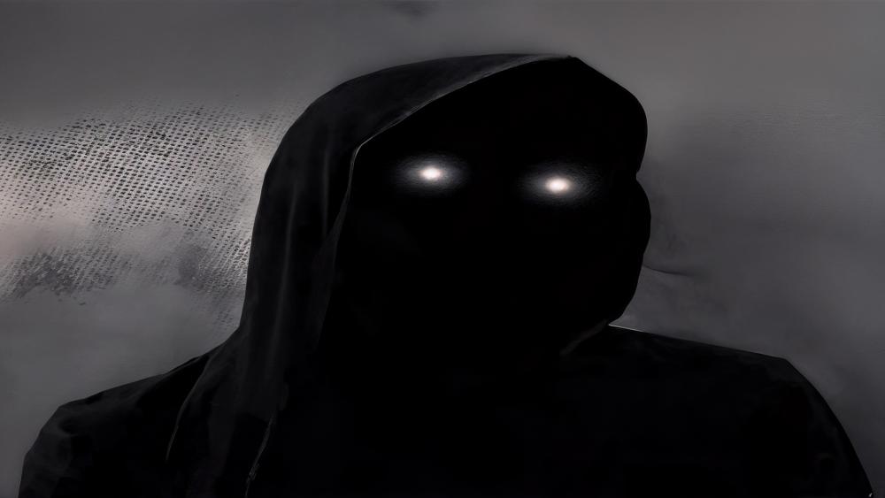 Hooded Enigma with Glowing Eyes in Monochrome wallpaper