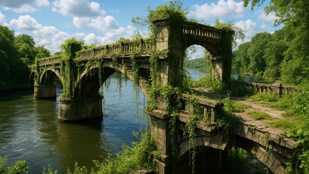 Abandoned Stone Bridge Overgrown with Nature's Embrace wallpaper