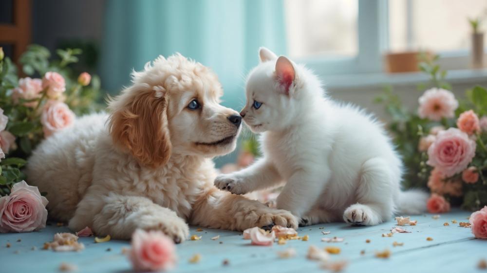 Cute Companions Amidst Blossoms wallpaper