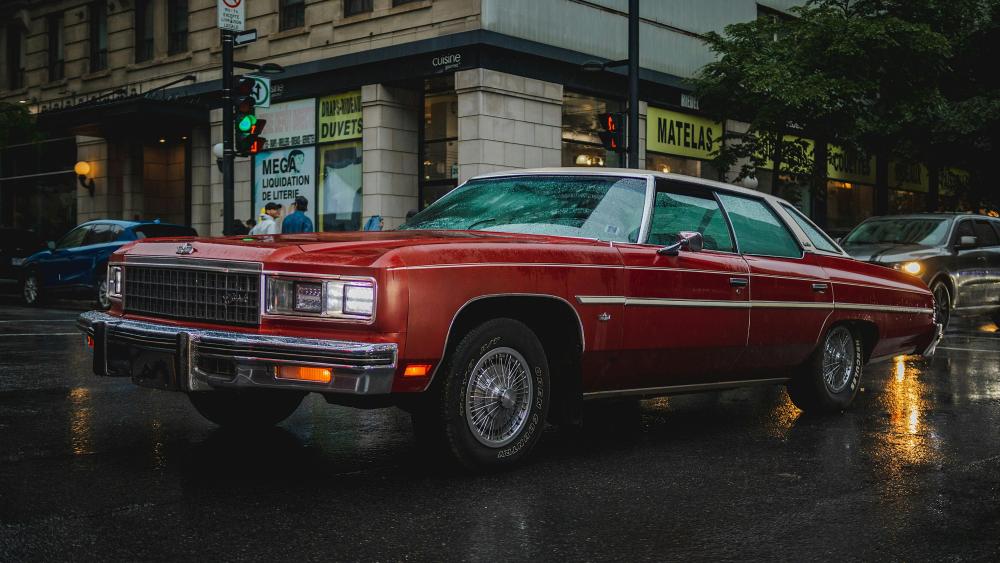 Red Classic Chevrolet Caprice on Wet Urban Streets wallpaper