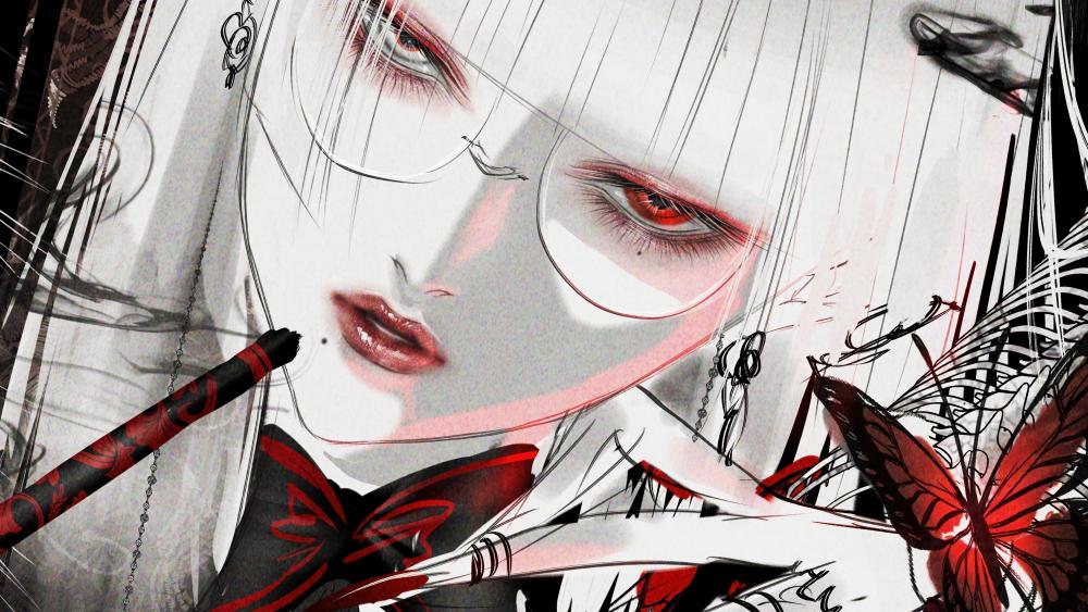 Anime Demon Girl with Red Eyes and Glasses wallpaper