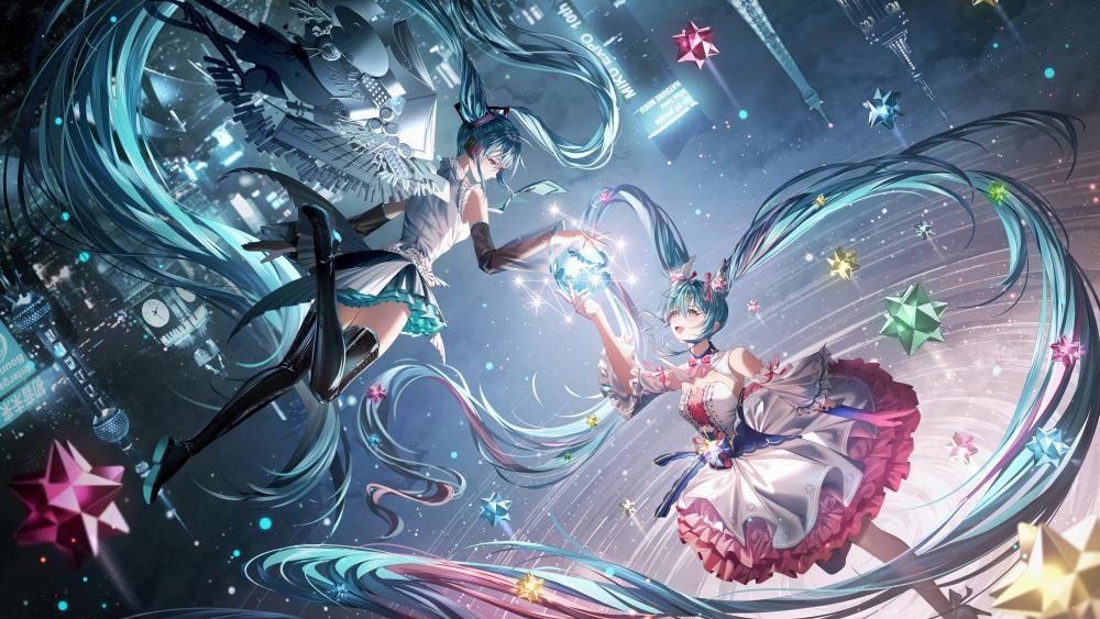 Celestial Dance of Twin Mikus wallpaper