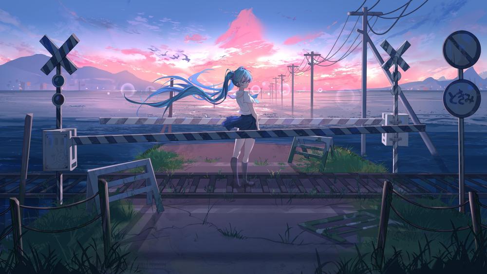 Hatsune Miku Awaits the Sunrise by the Sea wallpaper