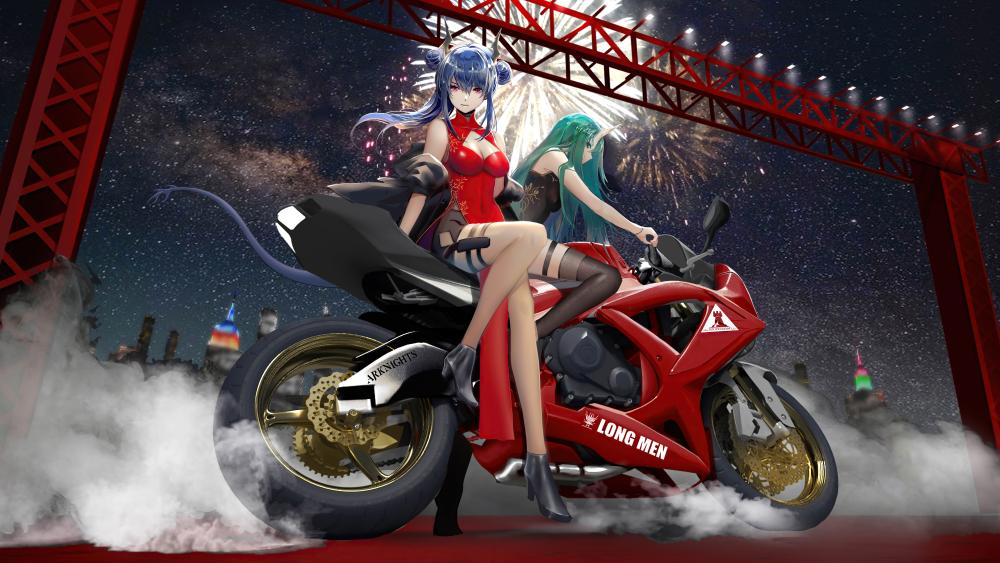 Biker Beauties Under Explosive Skies wallpaper