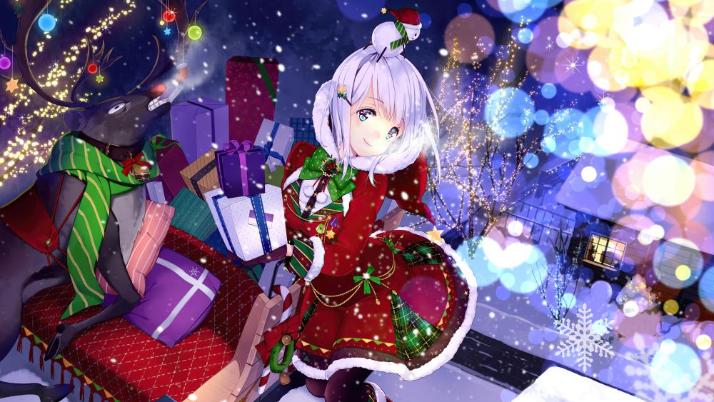 Anime Christmas Magic with Santa Girl and Gifts wallpaper