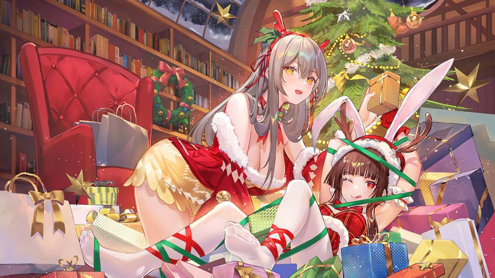 Anime Festive Cheer in a Whimsical Christmas Scene wallpaper