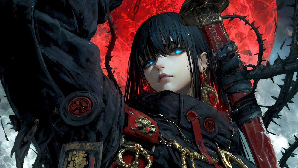Warrior's Gaze Under Crimson Moon wallpaper