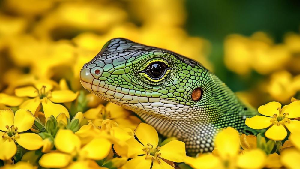 Lizard Among Yellow Blossoms in AI Artistry wallpaper