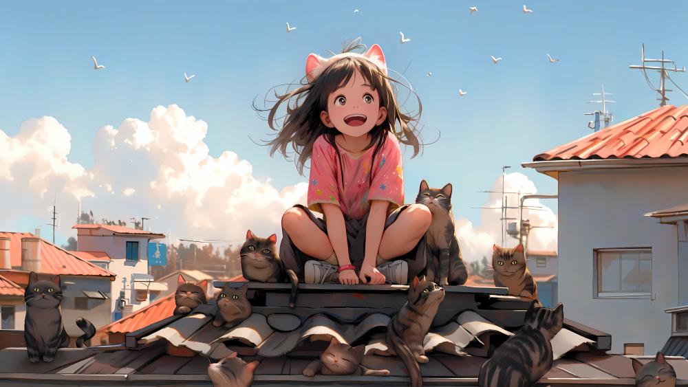 Anime girl on the roof with cats wallpaper